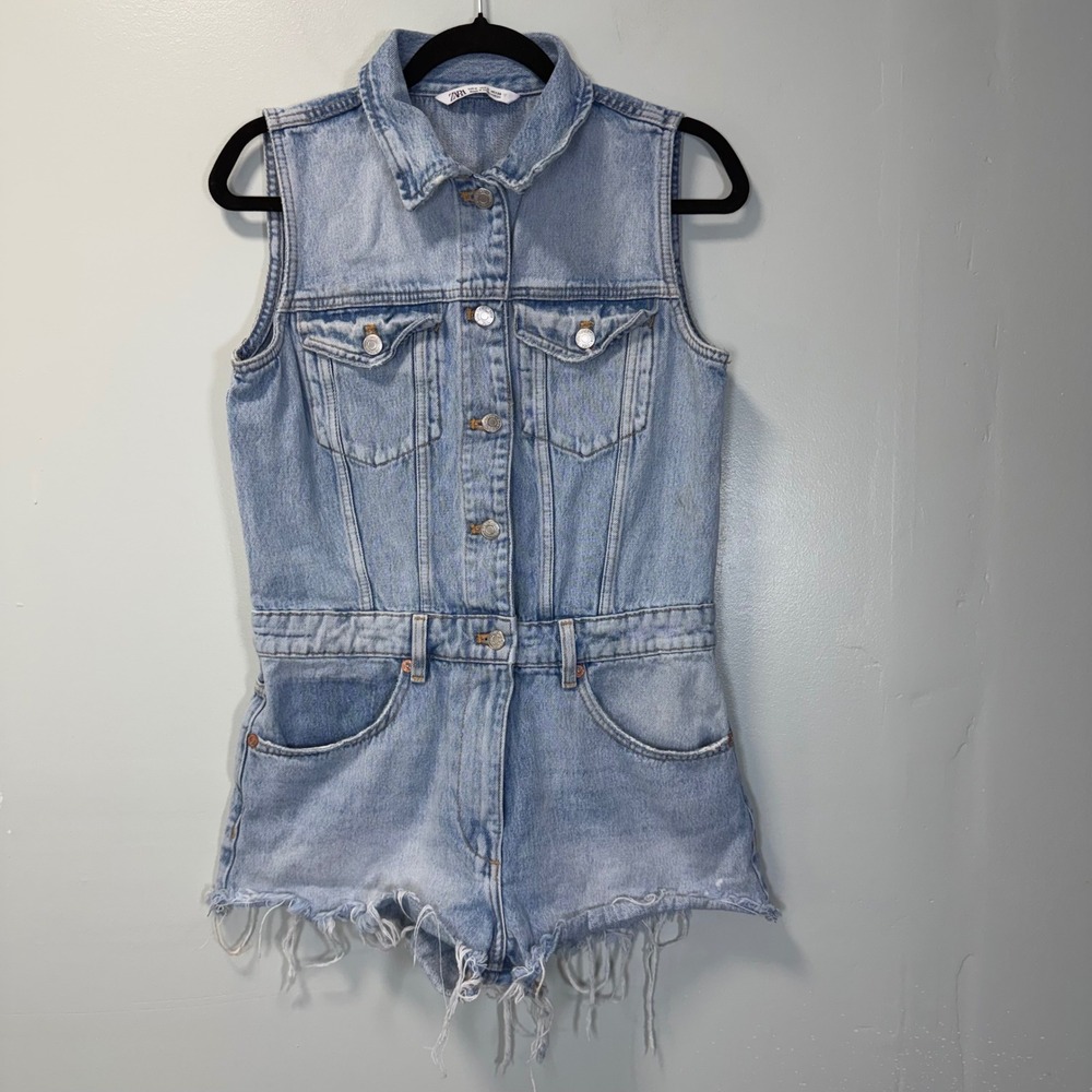 Zara Womens Denim Romper Light Wash Distressed Sleeveless Size M